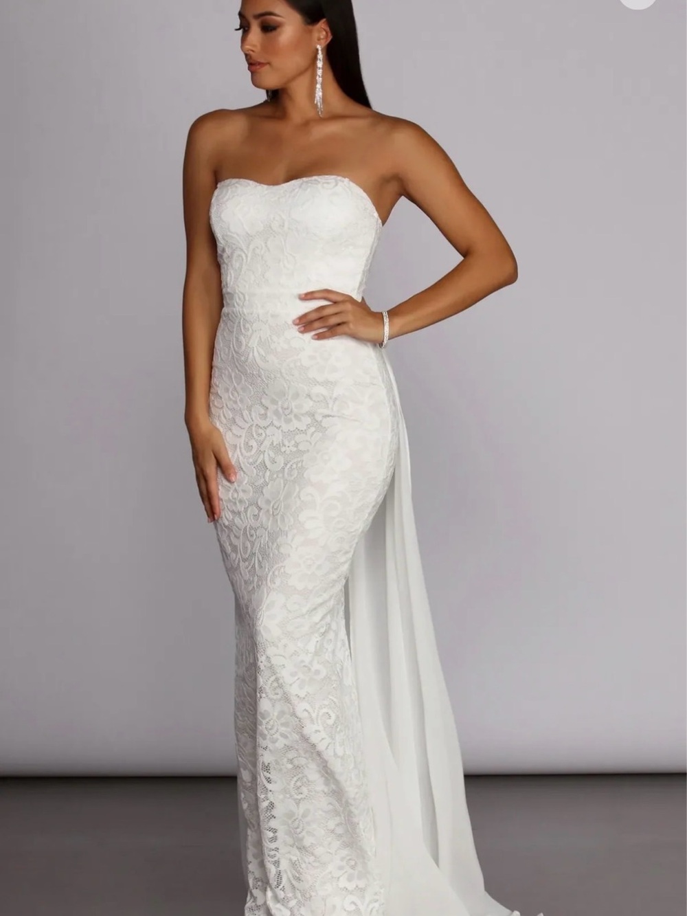 Strapless White Lace Dress with Train